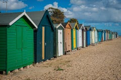 2016 United Kingdom Mersea colorful houses on the coast. Beautiful wide beach with interesting buildings stock photography 2016 United Kingdom Mersea colorful houses on the coast. Beautiful wide beach with interesting buildings stock photography