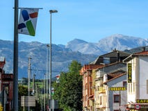Unquera: Street and Picos de Europa mountain range at the boarder between Cantabria and Asturias stock images Unquera: Street and Picos de Europa mountain range at the boarder between Cantabria and Asturias stock images