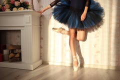 Unrecognizable ballerina στο φως ήλιων στο εγχώριο εσωτερικό Έννοια μπαλέτου μπλε tutu στοκ φωτογραφία Unrecognizable ballerina στο φως ήλιων στο εγχώριο εσωτερικό Έννοια μπαλέτου μπλε tutu στοκ φωτογραφία