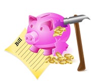 Unterbrochener Geldkasten ist eine Schweinhammerrechnung und -münzen Stockfoto Unterbrochener Geldkasten ist eine Schweinhammerrechnung und -münzen Stockfoto