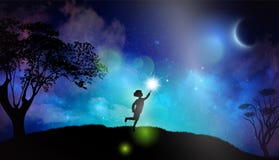 Child with spark of hope, the light of faith, new moon, night sky, nature background