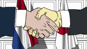 Uomini d'affari o politici che stringono le mani contro le bandiere dei Paesi Bassi e del Giappone Riunione o fumetto relativo di illustrazione di stock Uomini d'affari o politici che stringono le mani contro le bandiere dei Paesi Bassi e del Giappone Riunione o fumetto relativo di illustrazione di stock