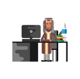 Uomo arabo che si siede alla scrivania con il computer royalty illustrazione gratis Uomo arabo che si siede alla scrivania con il computer royalty illustrazione gratis