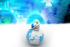 Uomo che si siede sul globo con il computer portatile Fotografia Stock Libera da Diritti