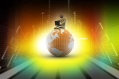Uomo che si siede sul globo con il computer portatile Immagini Stock