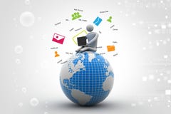 Uomo che si siede sul globo con il computer portatile Fotografia Stock Libera da Diritti