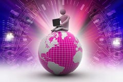 Uomo che si siede sul globo con il computer portatile In cima al mondo Fotografia Stock Libera da Diritti
