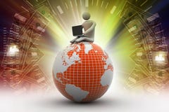 Uomo che si siede sul globo con il computer portatile In cima al mondo Fotografia Stock Libera da Diritti