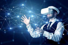 Uomo che tocca i segni di connettività 3D e della rete fotografia stock Uomo che tocca i segni di connettività 3D e della rete fotografia stock