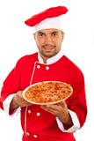 Uomo del cuoco unico che mostra pizza fotografia stock Uomo del cuoco unico che mostra pizza fotografia stock