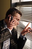 Uomo di affari sullo sguardo del telefono