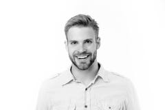 Uomo felice con la barba isolata su fondo bianco Uomo con il sorriso perfetto sul fronte non rasato Barbuto e bello pelle immagine stock Uomo felice con la barba isolata su fondo bianco Uomo con il sorriso perfetto sul fronte non rasato Barbuto e bello pelle immagine stock