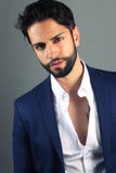 Uomo sexy con la barba che indossa un vestito blu Fotografie Stock Uomo sexy con la barba che indossa un vestito blu Fotografie Stock