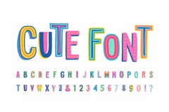 Uppercase cute alphabet font. Letters, numbers and symbols. Vector