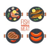 Uppsättning av fyra grillfestgaller Fisk biff, korvar, grönsaker Vektorillustration som isoleras på vit bakgrund vektor illustrationer Uppsättning av fyra grillfestgaller Fisk biff, korvar, grönsaker Vektorillustration som isoleras på vit bakgrund vektor illustrationer
