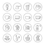 Uppsättning av 16 linjära kaffesymboler i de inklusive kaffekopparna för cirklar, kaffemaskin, makron Isolerat på viten Fotografering för Bildbyråer Uppsättning av 16 linjära kaffesymboler i de inklusive kaffekopparna för cirklar, kaffemaskin, makron Isolerat på viten Fotografering för Bildbyråer