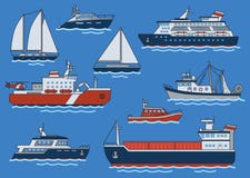 Uppsättning av olika typskepp och fartyg Fraktbåt isbrytare, kryssare, yacht, trålare, snabb motorbåt Plan vektor royaltyfri illustrationer Uppsättning av olika typskepp och fartyg Fraktbåt isbrytare, kryssare, yacht, trålare, snabb motorbåt Plan vektor royaltyfri illustrationer