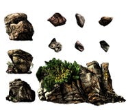 Uppsättningen av olika stenstenblock och vaggar med träd och vegetation vektor illustrationer Uppsättningen av olika stenstenblock och vaggar med träd och vegetation vektor illustrationer