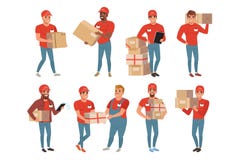 Uppsättningen av post- arbetare i olikt poserar Kurir eller hemsändning Mantecken med jordlottpackeaskar royaltyfri illustrationer Uppsättningen av post- arbetare i olikt poserar Kurir eller hemsändning Mantecken med jordlottpackeaskar royaltyfri illustrationer