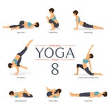 Uppsättningen av yoga 8 poserar i plan design Kvinnadiagram övar i sportswearen för yogainfographics vektor Royaltyfria Foton Uppsättningen av yoga 8 poserar i plan design Kvinnadiagram övar i sportswearen för yogainfographics vektor Royaltyfria Foton