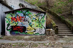 Urban Graffiti Art On Old Grunge Garage Door Of Abandoned Area Of Old Odessa,Ukraine Royalty Free Stock Photos