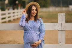 Ursnygg gravid kvinna i bl?a den utv?ndiga kl?nningst?llningen och att s?tta hennes hand p? buken Ung och h?rlig framtida moder royaltyfria foton Ursnygg gravid kvinna i bl?a den utv?ndiga kl?nningst?llningen och att s?tta hennes hand p? buken Ung och h?rlig framtida moder royaltyfria foton