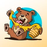 Urso dos desenhos animados que lambe o mel de uma colmeia ilustração stock Urso dos desenhos animados que lambe o mel de uma colmeia ilustração stock