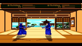 URYUPINSK ROSJA, KWIECIEŃ - 7, 2016: Gameplay konsoli Sega gemowa geneza Budokan - kendo Japońskie sztuki samoobrony walczą retro zdjęcie wideo URYUPINSK ROSJA, KWIECIEŃ - 7, 2016: Gameplay konsoli Sega gemowa geneza Budokan - kendo Japońskie sztuki samoobrony walczą retro zdjęcie wideo