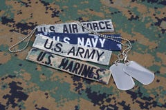 USA MILITARNY pojęcie z gałąź taśmami i psie etykietki na kamuflażu mundurujemy Zdjęcie Royalty Free USA MILITARNY pojęcie z gałąź taśmami i psie etykietki na kamuflażu mundurujemy Zdjęcie Royalty Free