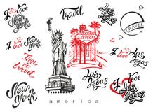 USA. Set of elements for design. Las Vegas. New york. Landmark sketches . Statue of liberty. Inspiring lettering. Templates of rea stock illustration USA. Set of elements for design. Las Vegas. New york. Landmark sketches . Statue of liberty. Inspiring lettering. Templates of rea stock illustration