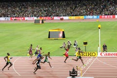 Usain Bolt powering to the finish line to win 200 metres title at the IAAF World Championships Beijing 2015 royalty free stock photography Usain Bolt powering to the finish line to win 200 metres title at the IAAF World Championships Beijing 2015 royalty free stock photography