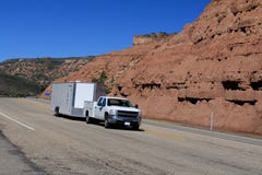 Utah: Truck towing enclosed trailer royalty free stock images Utah: Truck towing enclosed trailer royalty free stock images