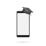 Utbildningsapp, smartphone med avläggande av examenlocket, skärmmellanrum l?ra online Vektormallillustration vektor illustrationer Utbildningsapp, smartphone med avläggande av examenlocket, skärmmellanrum l?ra online Vektormallillustration vektor illustrationer