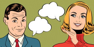 Utformar gulliga retro par för popkonst i komiker med meddelandet vektor illustrationer Utformar gulliga retro par för popkonst i komiker med meddelandet vektor illustrationer