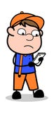 Utilisateur de Smartphone - rétro charpentier Worker Vector Illustration de bande dessinée illustration stock Utilisateur de Smartphone - rétro charpentier Worker Vector Illustration de bande dessinée illustration stock