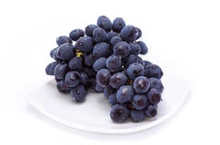 Uvas azules en una placa blanca fotos de archivo Uvas azules en una placa blanca fotos de archivo