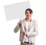 Uśmiechnięty mężczyzna pokazuje pustego plakat obrazy stock Uśmiechnięty mężczyzna pokazuje pustego plakat obrazy stock