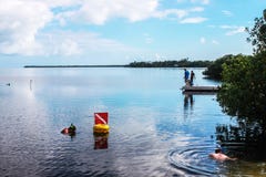 Vacationing - boys fishing on a dock and people snorkeling near the mangroves in beautiful blue water under a perfect sky stock photos Vacationing - boys fishing on a dock and people snorkeling near the mangroves in beautiful blue water under a perfect sky stock photos