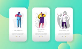 A vaga de trabalho diferente escolhe da página móvel do App do caráter da oportunidade o grupo a bordo da tela Cozinheiro chefe e ilustração stock A vaga de trabalho diferente escolhe da página móvel do App do caráter da oportunidade o grupo a bordo da tela Cozinheiro chefe e ilustração stock