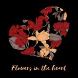 valentin för dag s Blommor i hjärtan Hälsningkort med den blom- modellen Illustration i tappningstil vektor för förälskelse för f royaltyfri illustrationer valentin för dag s Blommor i hjärtan Hälsningkort med den blom- modellen Illustration i tappningstil vektor för förälskelse för f royaltyfri illustrationer