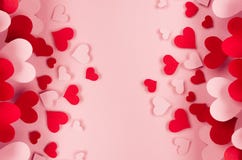 Valentine Day Background Of Many Different Paper Hearts On Pink Soft Background. Copy Space. Stock Photos Valentine Day Background Of Many Different Paper Hearts On Pink Soft Background. Copy Space. Stock Photos