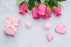 Valentine`s Day greeting card with roses, gift box and cookies. royalty free stock photo Valentine`s Day greeting card with roses, gift box and cookies. royalty free stock photo