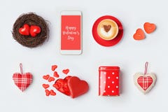 Valentine`s day mock up template design. Love symbols and objects on white background. View from above. stock images Valentine`s day mock up template design. Love symbols and objects on white background. View from above. stock images