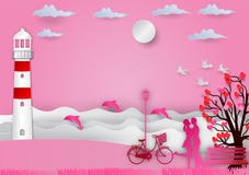 Valentines day background with man and woman in love have bike and a tree made out of hearts and sea with dolphins. paper art and Royalty Free Stock Photography Valentines day background with man and woman in love have bike and a tree made out of hearts and sea with dolphins. paper art and Royalty Free Stock Photography