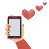 Valentinstagkonzept: Ein Handy in der netten Hand der Frau und die künstlerischen Herzen fliegen aus Mobiltelefon heraus stock abbildung Valentinstagkonzept: Ein Handy in der netten Hand der Frau und die künstlerischen Herzen fliegen aus Mobiltelefon heraus stock abbildung
