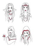 Vampiermeisje Vrouw met hoektanden en bloed Karakter van Halloween van het inzamelings het modieuze portret Hand getrokken contou vector illustratie Vampiermeisje Vrouw met hoektanden en bloed Karakter van Halloween van het inzamelings het modieuze portret Hand getrokken contou vector illustratie