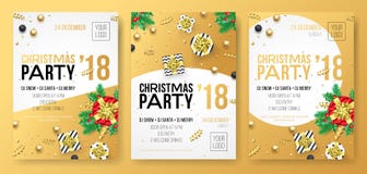 Van de de vakantiepartij van de Kerstmiswinter de vieringsaffiche of uitnodigingskaart van gouden aanwezige decoratie en gouden g vector illustratie Van de de vakantiepartij van de Kerstmiswinter de vieringsaffiche of uitnodigingskaart van gouden aanwezige decoratie en gouden g vector illustratie