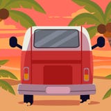 Van na praia com por do sol no tema do verão ilustração stock Van na praia com por do sol no tema do verão ilustração stock