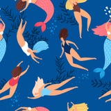 Van zwemmersmeisjes en meerminnen patroon vector illustratie Van zwemmersmeisjes en meerminnen patroon vector illustratie