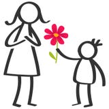 A vara simples figura a família, menino que dá a flor à mãe no dia do ` s da mãe, aniversário isolada no fundo branco ilustração do vetor A vara simples figura a família, menino que dá a flor à mãe no dia do ` s da mãe, aniversário isolada no fundo branco ilustração do vetor